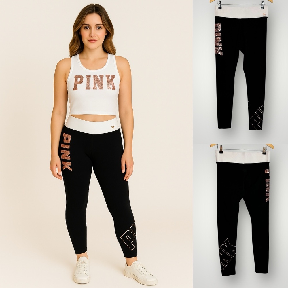 PINK Victoria’s Secret Yoga Leggings Medium Rose Gold Sequins Bling Foil Pocket